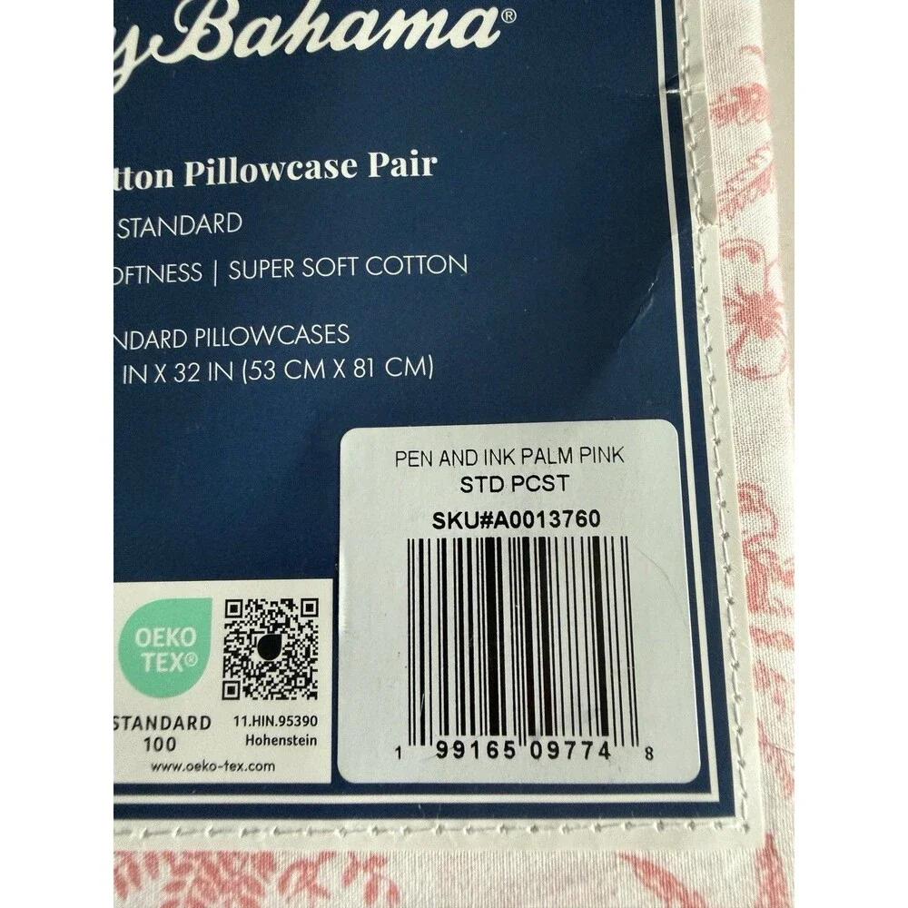 Tommy Bahama Pen Ink Palm Pink Standard Pillowcases 100% Cotton Set of 2
